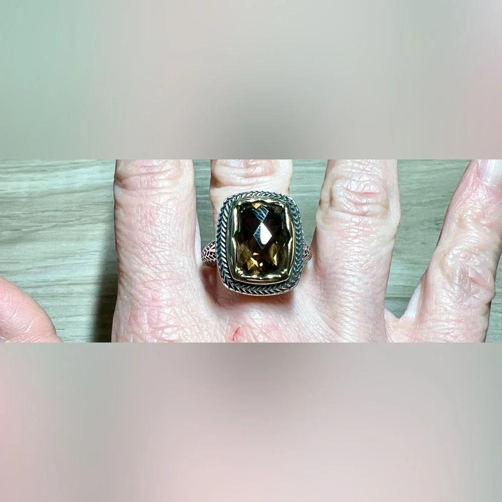 Vintage Designer Sterling Silver & Gold Brown Faceted Quartz Ring, Size 10